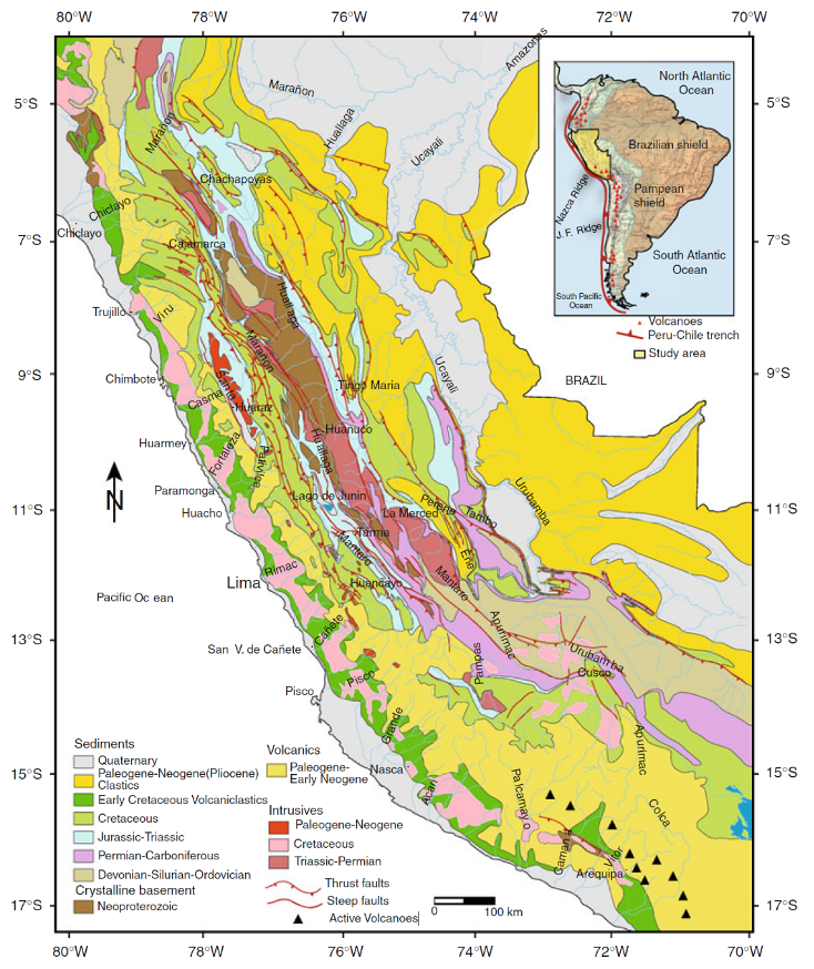 Generalized geological map of the Peruvian Andes showing main lithologies and major thrust faults. Thrust faults mark the base of the eastern escarpment of the Eastern Cordillera. The Coast Batholith outcrops along the western escarpment of the Western Cordillera (Gonzales & Pfiffner, 2011)