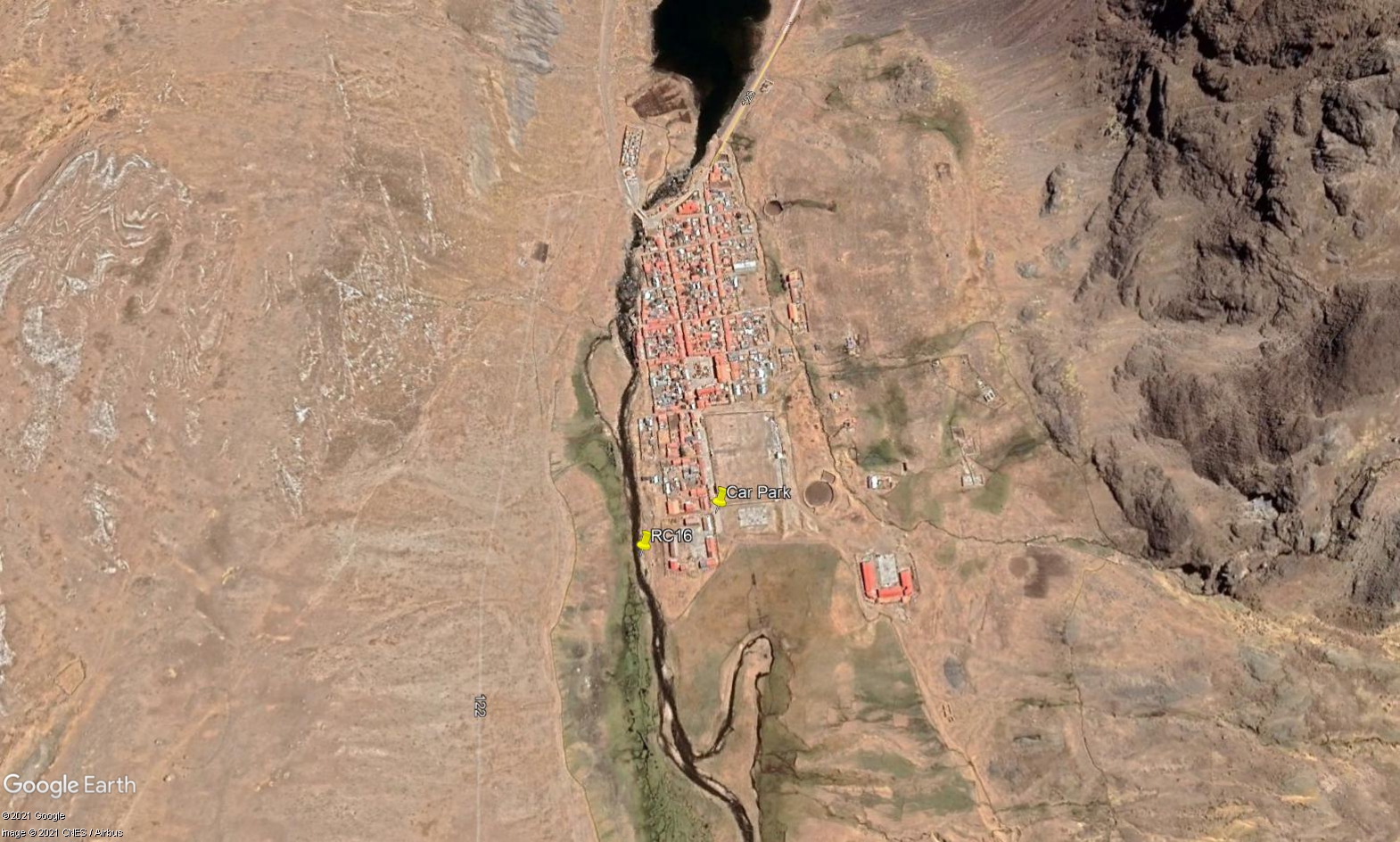 Site RC16 - satellite image of Tanta village - the study site is located below the bofedal, just above the village. (Eustace Barnes)