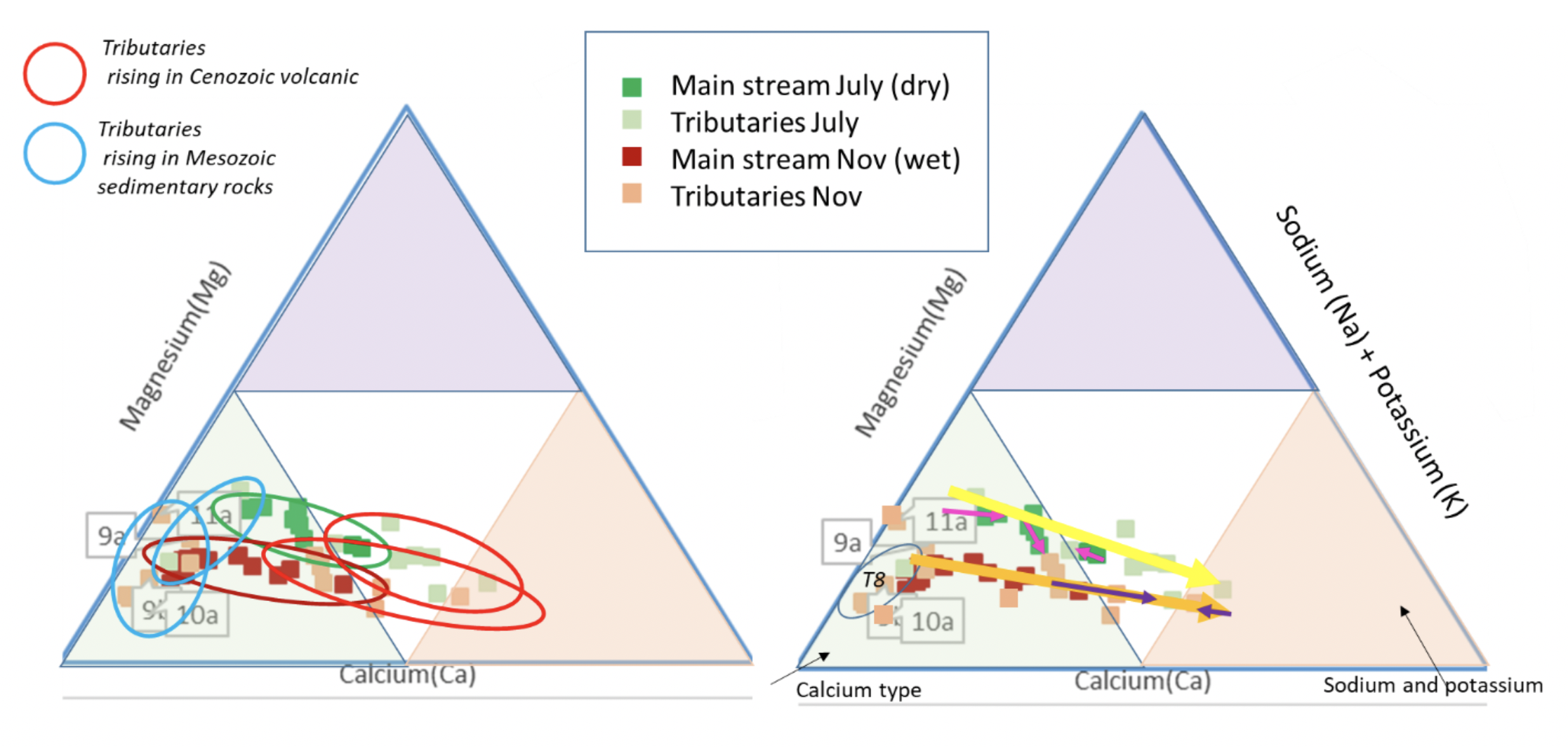 Cation triangular plots for Cañete River and tributaries. LH: showing the different chemical types for the tributaries arising over different geology; RH showing the trend downstream from calcium type to sodium type waters.